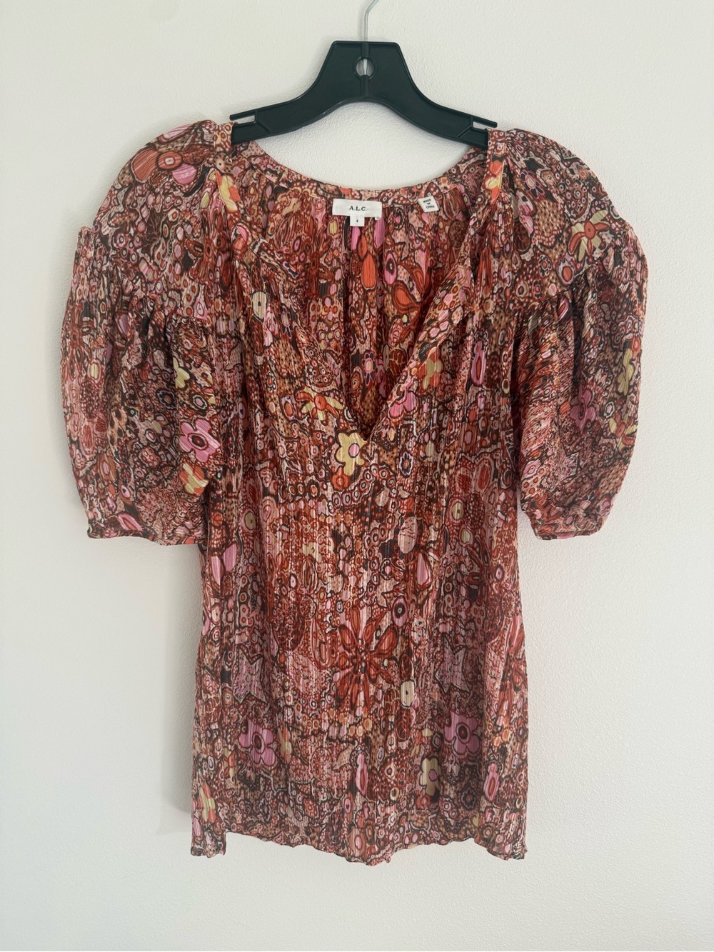 A.L.C. Multicolor Abstract Floral Peasant Top in Coral and Pink - Picture 2 of 3